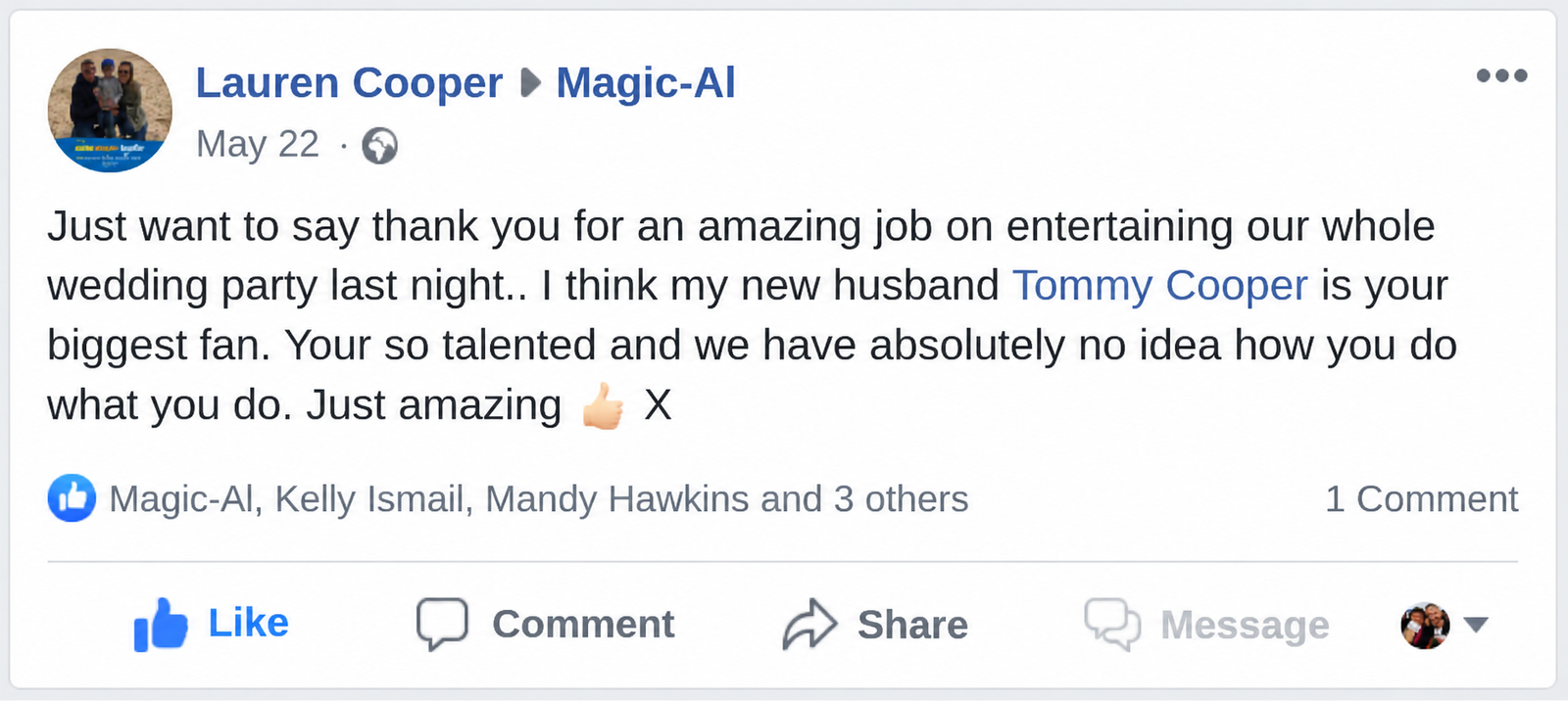 Client review of Magic-Al wedding entertainment