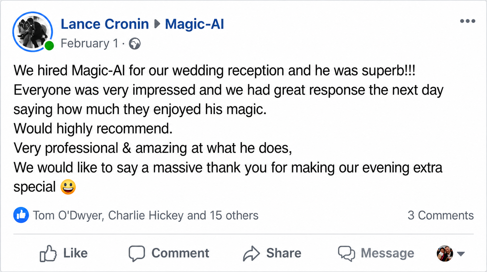 Wedding entertainment testimonial for Magic-Al